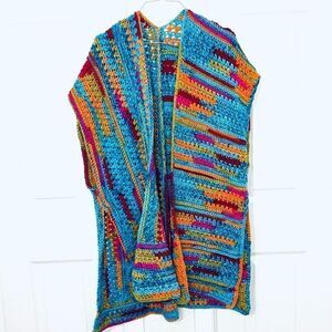 Vintage Open Cardigan Sweater Vest Blue Orange Handmade Crochet Knit Yarn Large